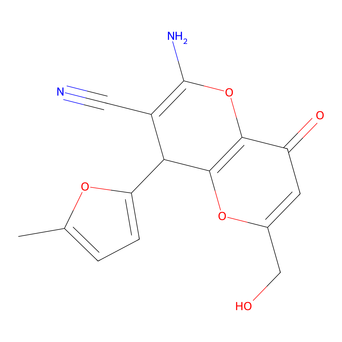 2-Amino-6-(hydroxymethyl)-4-(5-methyl-2-furyl)-8-oxo-4,8-dihydropyrano[3,2-b]pyran-3-carbonitrile molecular structure, CAS 664999-53-5