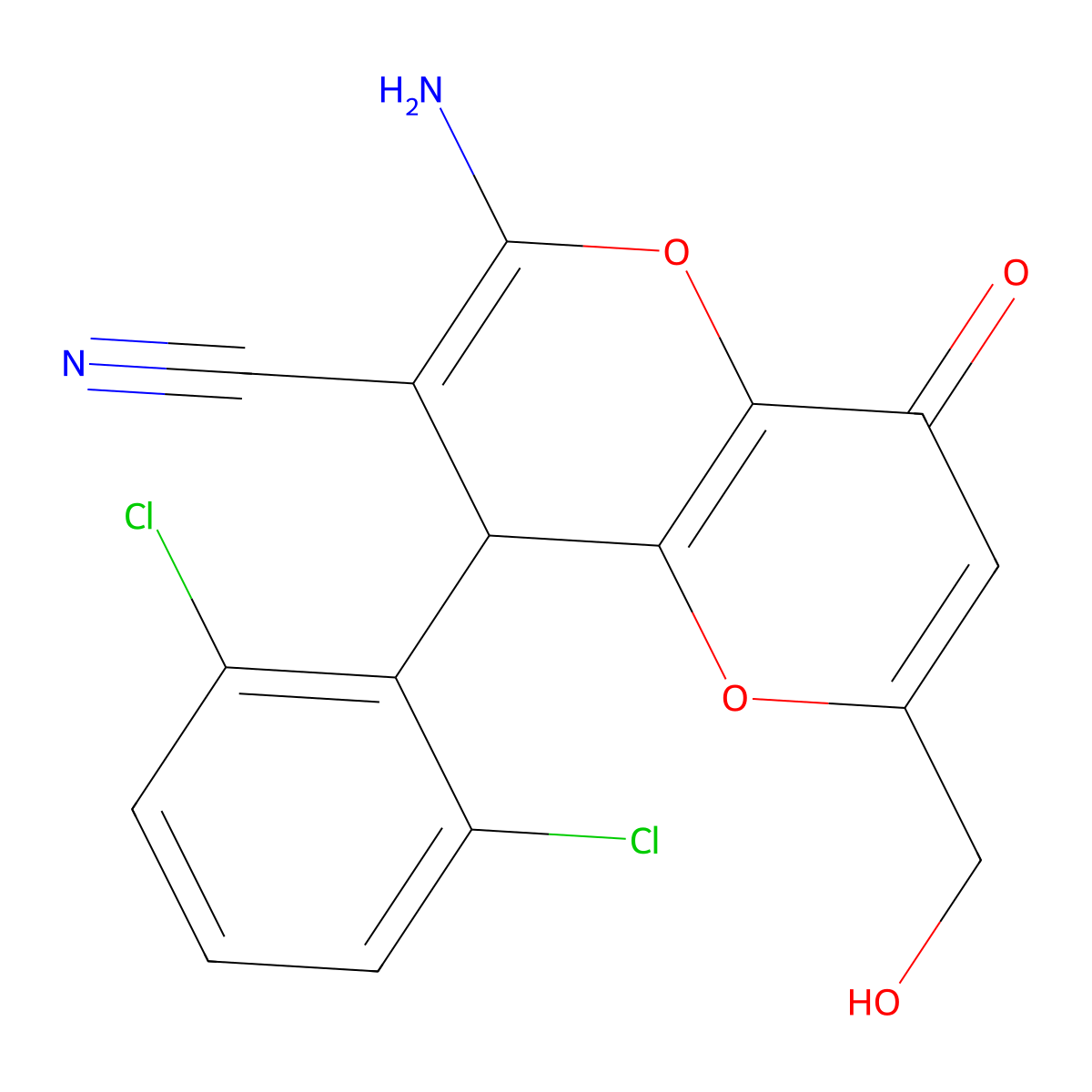2-Amino-4-(2,6-dichlorophenyl)-6-(hydroxymethyl)-8-oxo-4,8-dihydropyrano[3,2-b]pyran-3-carbonitrile molecular structure, CAS 664999-54-6
