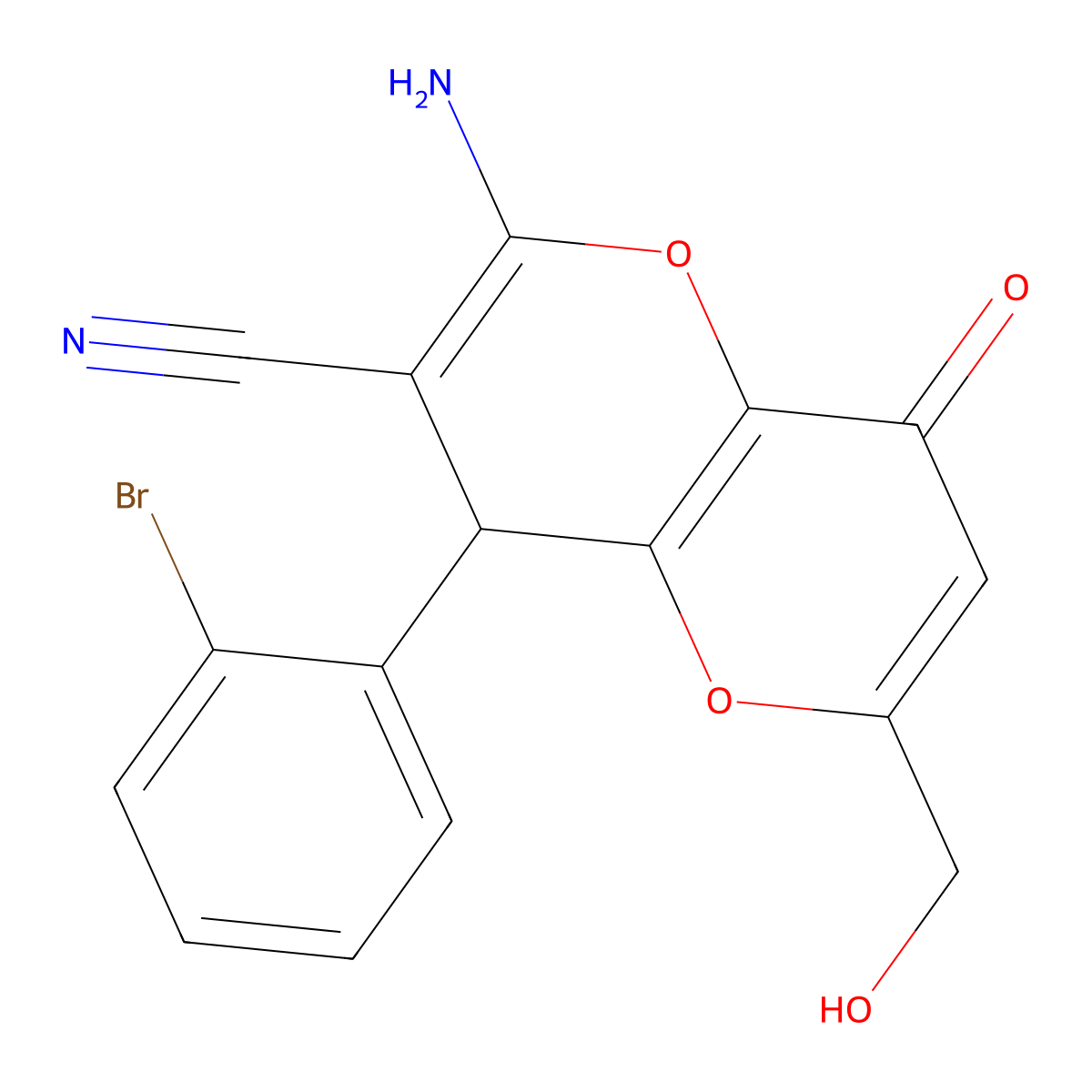 2-Amino-4-(2-bromophenyl)-6-(hydroxymethyl)-8-oxo-4,8-dihydropyrano[3,2-b]pyran-3-carbonitrile molecular structure, CAS 664999-57-9