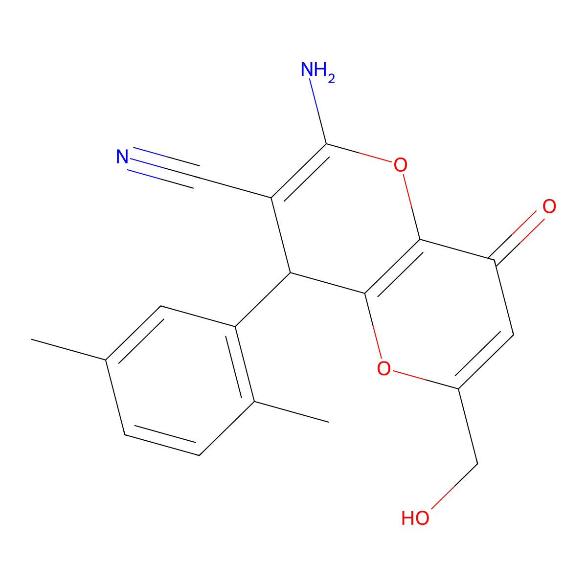 2-Amino-4-(2,5-dimethylphenyl)-6-(hydroxymethyl)-8-oxo-4,8-dihydropyrano[3,2-b]pyran-3-carbonitrile molecular structure, CAS 664999-59-1