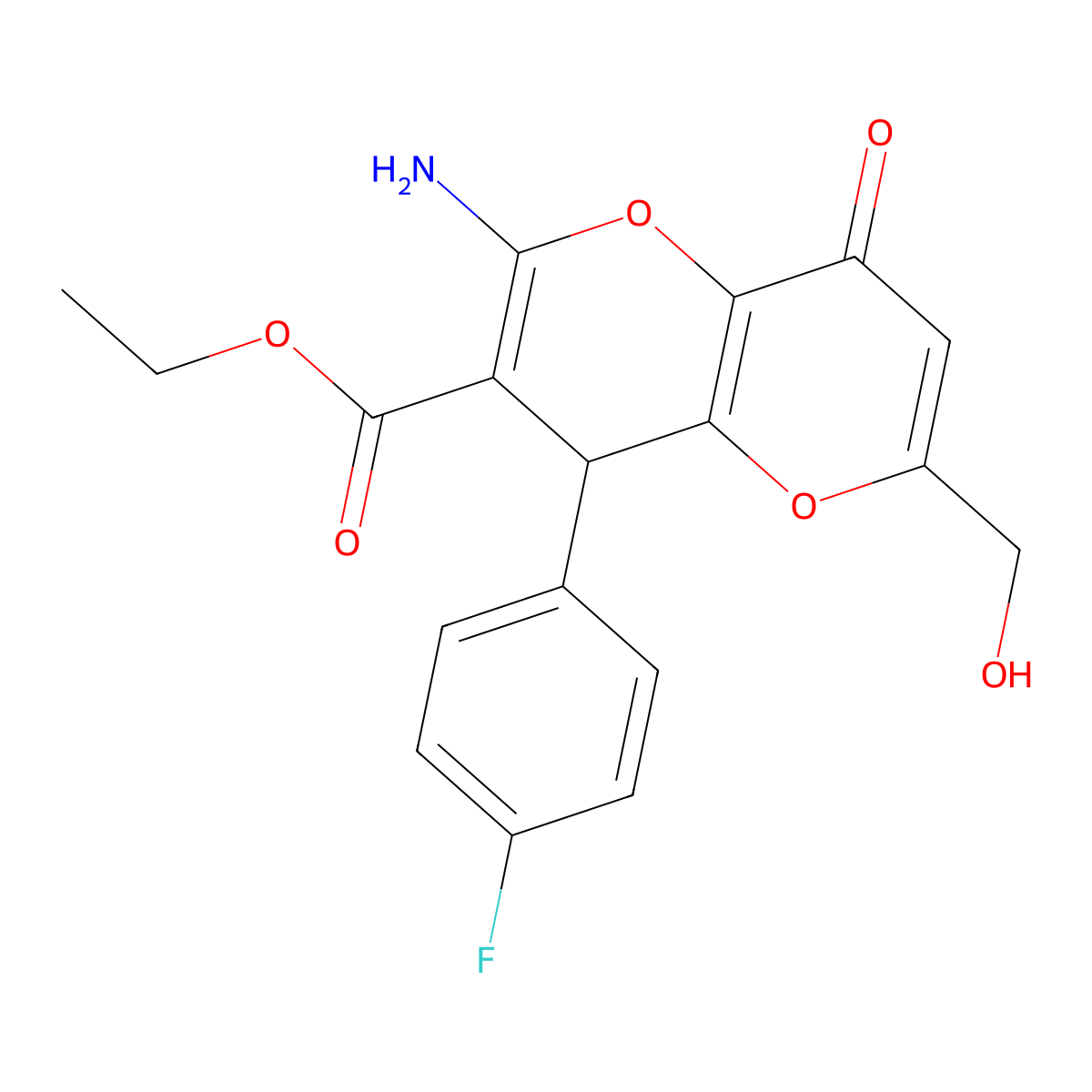 Ethyl 2-amino-4-(4-fluorophenyl)-6-(hydroxymethyl)-8-oxo-4,8-dihydropyrano[3,2-b]pyran-3-carboxylate molecular structure, CAS 664999-74-0
