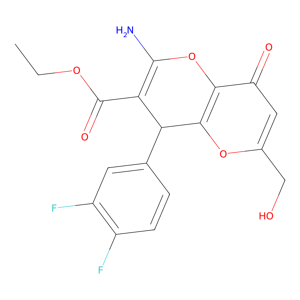 Ethyl 2-amino-4-(3,4-difluorophenyl)-6-(hydroxymethyl)-8-oxo-4,8-dihydropyrano[3,2-b]pyran-3-carboxylate molecular structure, CAS 664999-75-1