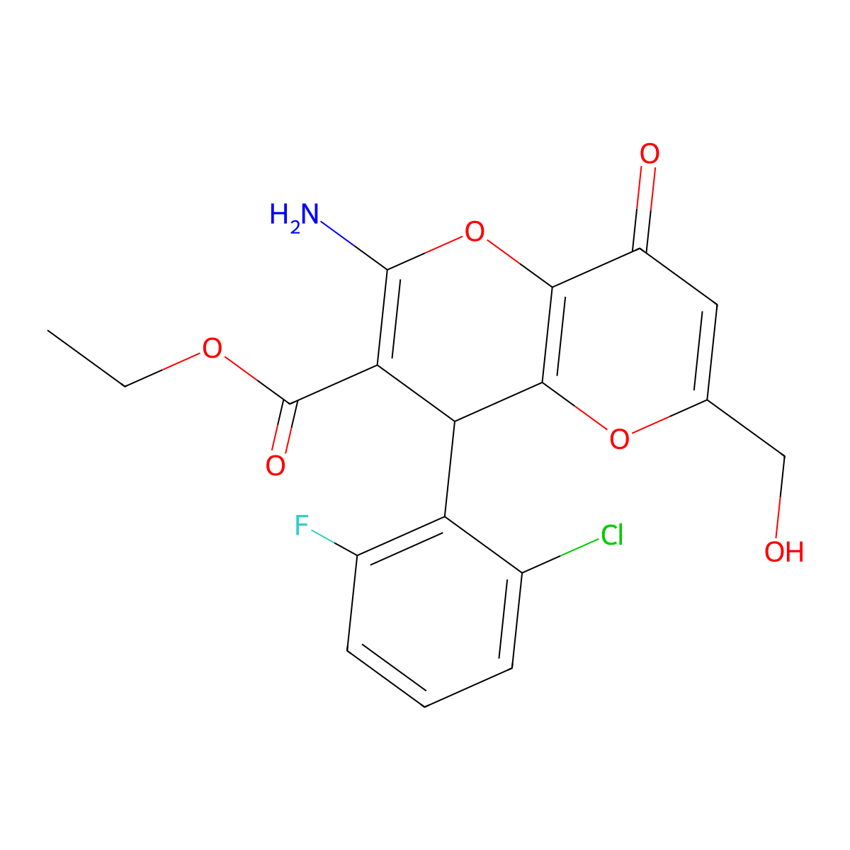 Ethyl 2-amino-4-(2-chloro-6-fluorophenyl)-6-(hydroxymethyl)-8-oxo-4,8-dihydropyrano[3,2-b]pyran-3-carboxylate molecular structure, CAS 664999-76-2