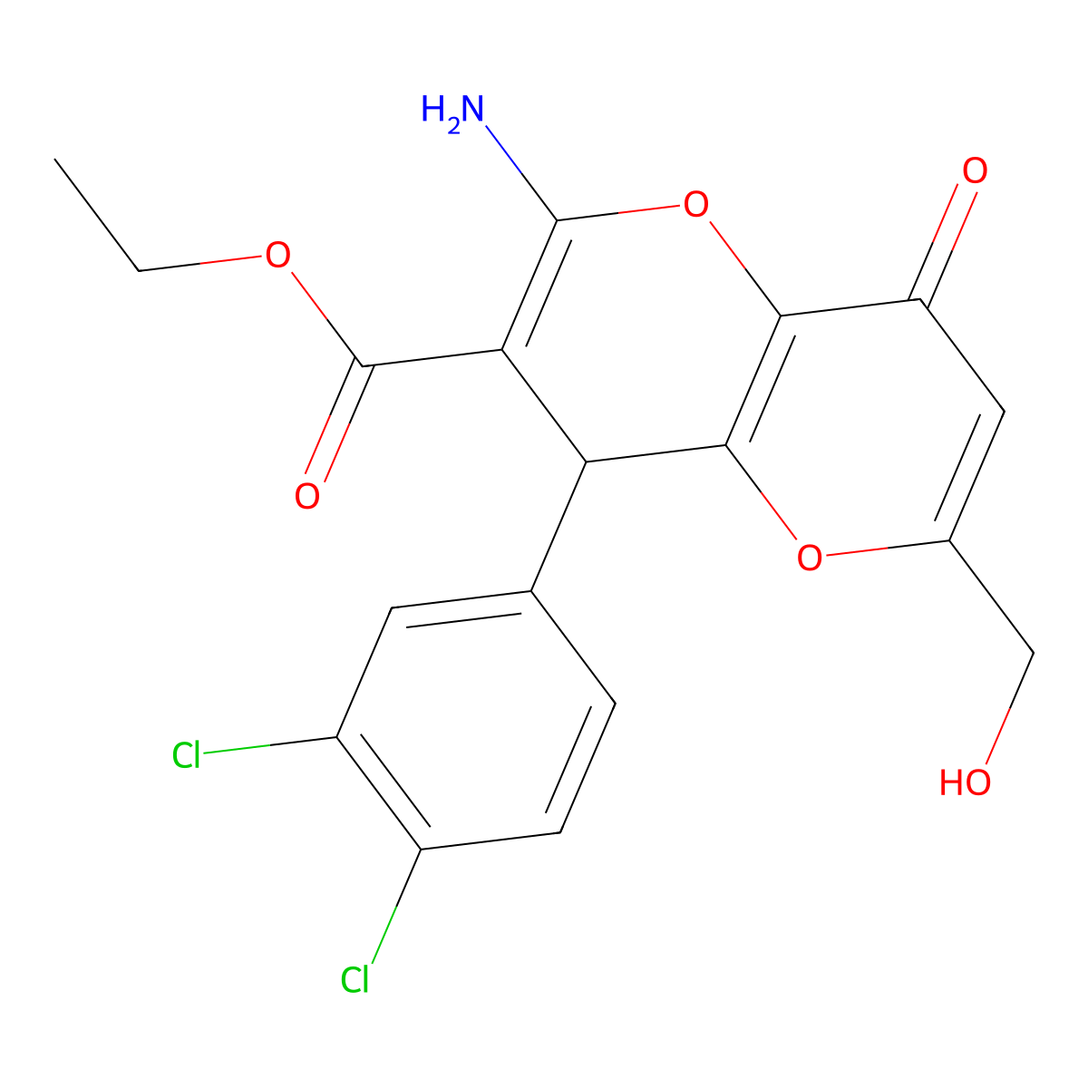Ethyl 2-amino-4-(3,4-dichlorophenyl)-6-(hydroxymethyl)-8-oxo-4,8-dihydropyrano[3,2-b]pyran-3-carboxylate molecular structure, CAS 664999-77-3