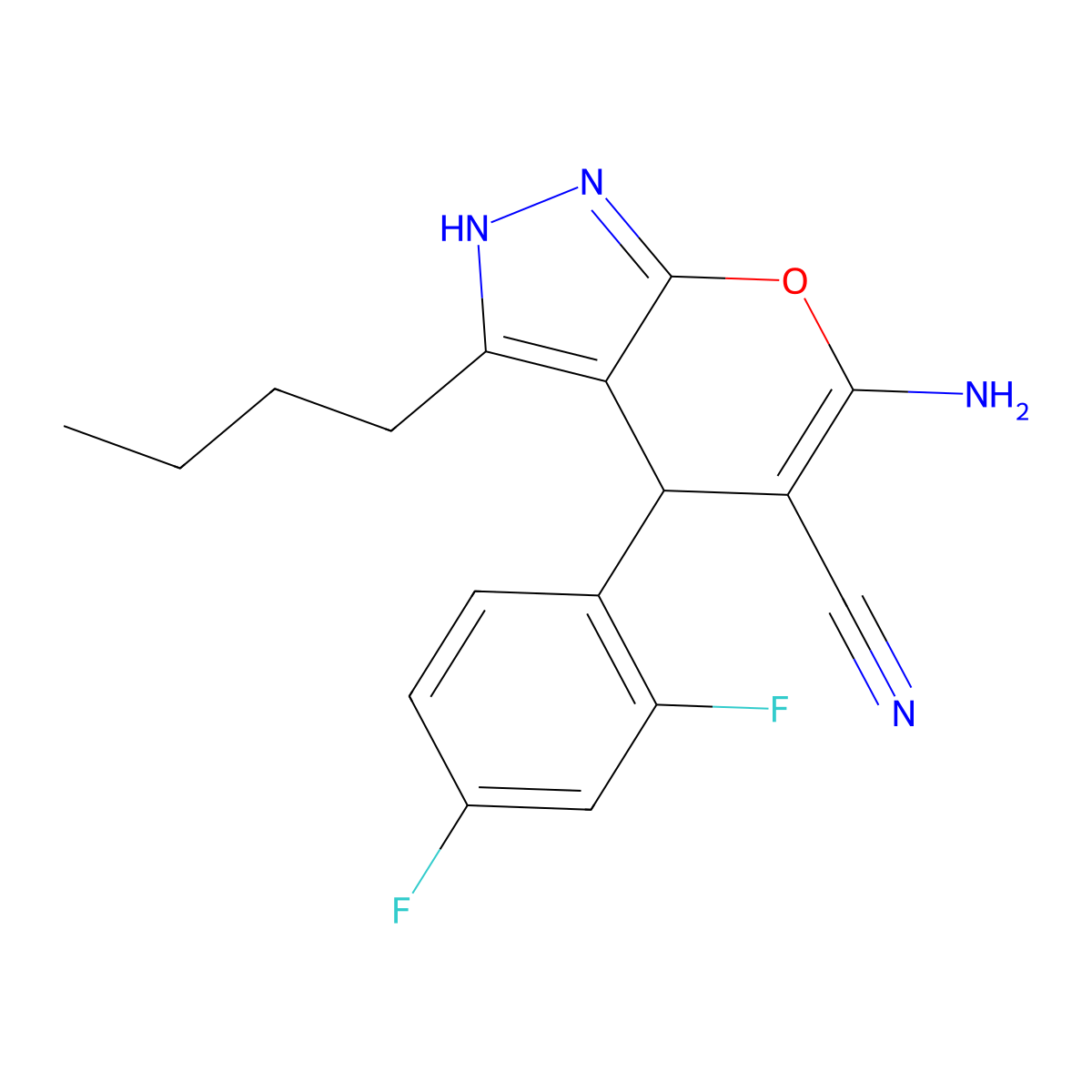 6-Amino-3-butyl-4-(2,4-difluorophenyl)-2,4-dihydropyrano[2,3-c]pyrazole-5-carbonitrile molecular structure, CAS 664999-82-0