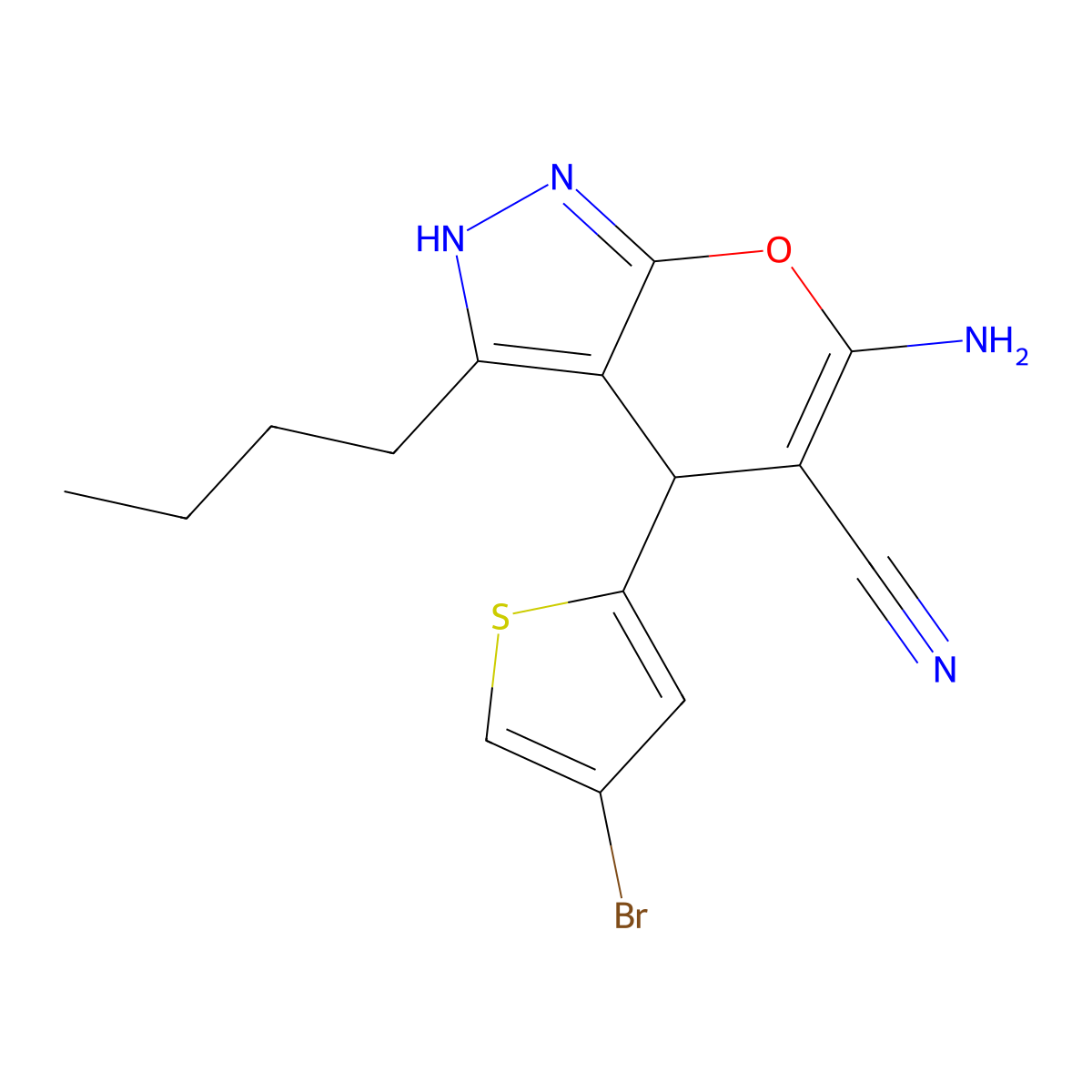 6-Amino-4-(4-bromothiophen-2-yl)-3-butyl-2,4-dihydropyrano[2,3-c]pyrazole-5-carbonitrile molecular structure, CAS 664999-83-1