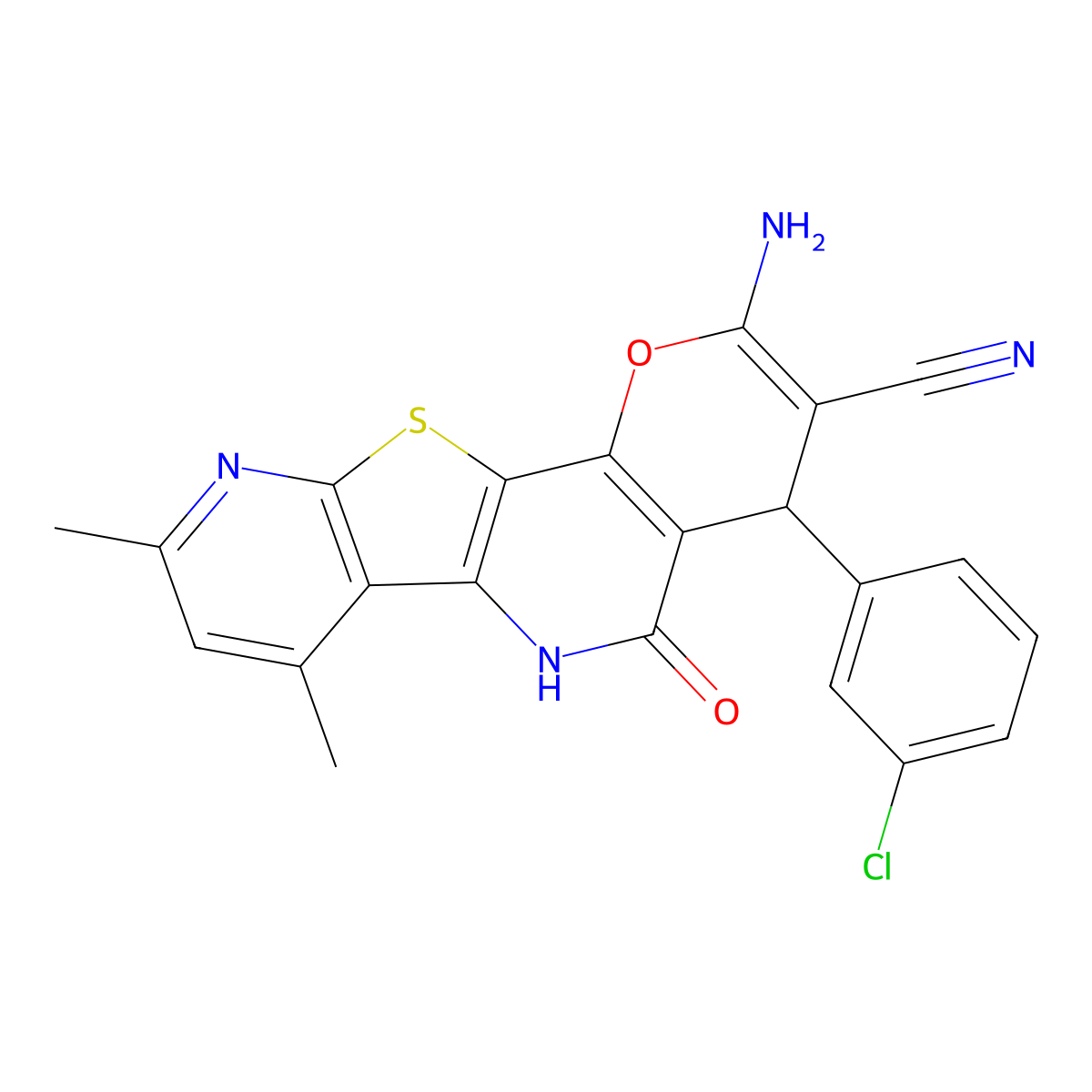 2-amino-4-(3-chlorophenyl)-7,9-dimethyl-5-oxo-5,6-dihydro-4H-pyrano[2,3-d]pyrido[3',2':4,5]thieno[3,2-b]pyridine-3-carbonitrile molecular structure, CAS 664999-93-3