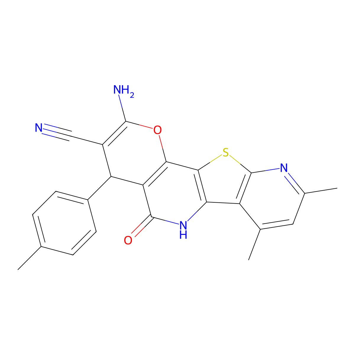 2-amino-7,9-dimethyl-4-(4-methylphenyl)-5-oxo-5,6-dihydro-4H-pyrano[2,3-d]pyrido[3',2':4,5]thieno[3,2-b]pyridine-3-carbonitrile molecular structure, CAS 664999-94-4