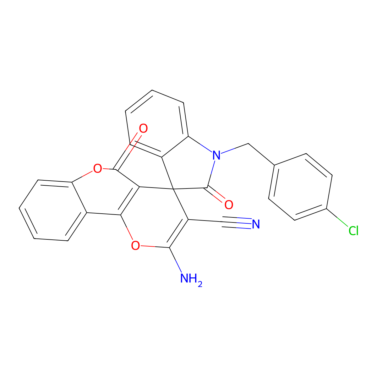 2'-Amino-1-[(4-chlorophenyl)methyl]-2,5'-dioxospiro[indole-3,4'-pyrano[3,2-c]chromene]-3'-carbonitrile molecular structure, CAS 664999-96-6