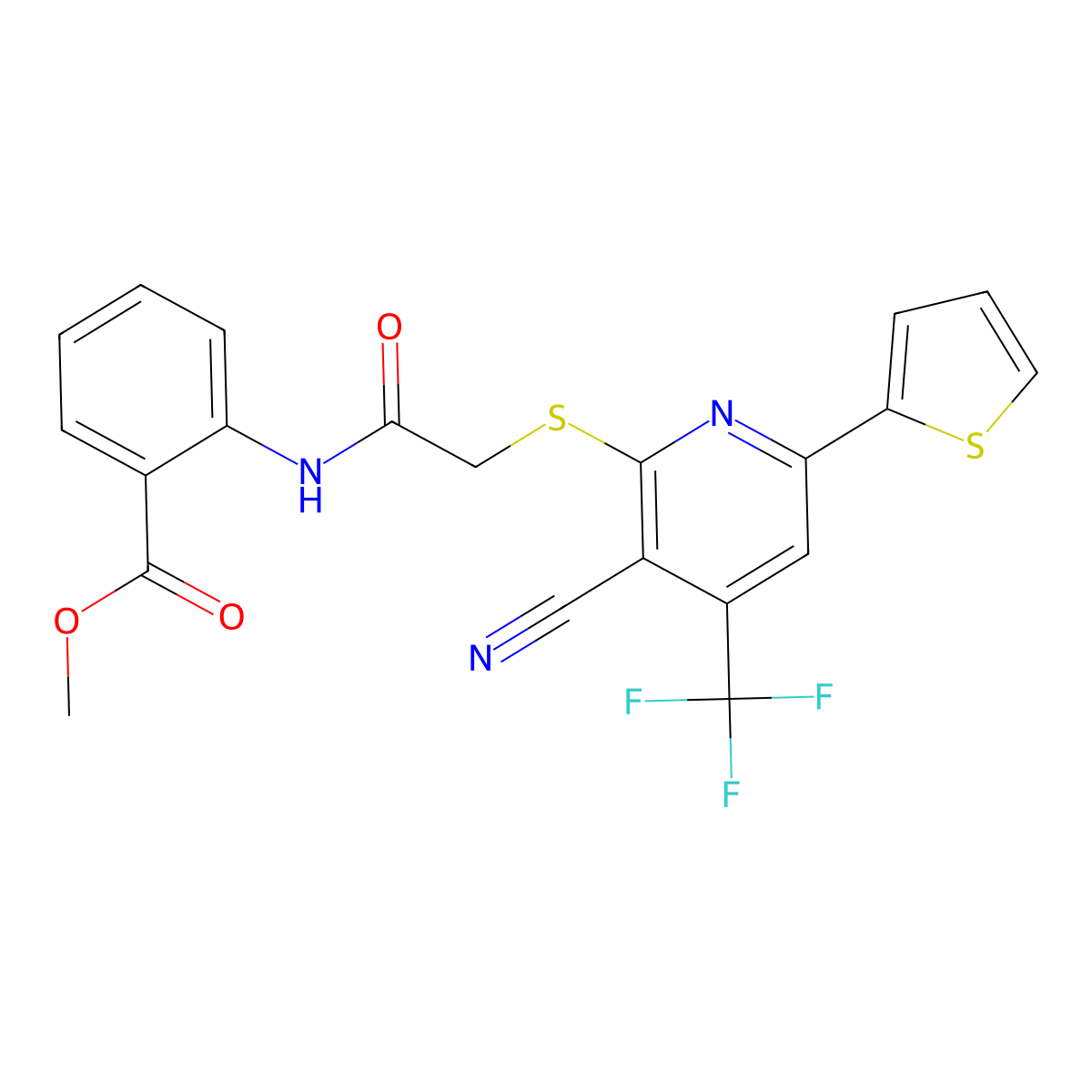 Methyl 2-[({[3-cyano-6-(2-thienyl)-4-(trifluoromethyl)-2-pyridinyl]sulfanyl}acetyl)amino]benzoate molecular structure, CAS 665000-15-7