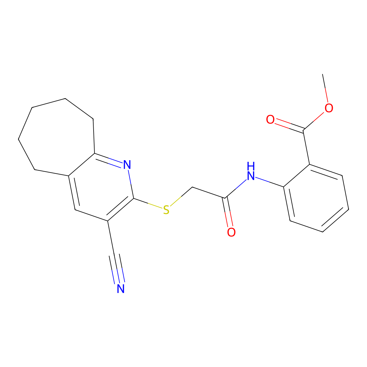 methyl 2-[[2-[(3-cyano-6,7,8,9-tetrahydro-5H-cyclohepta[b]pyridin-2-yl)sulfanyl]acetyl]amino]benzoate molecular structure, CAS 665000-20-4