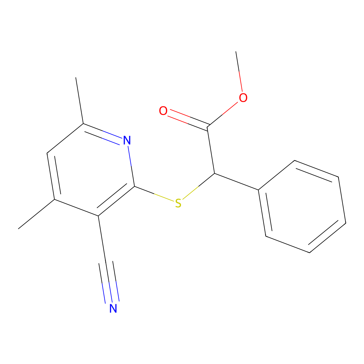 (3-Cyano-4,6-dimethyl-pyridin-2-ylsulfanyl)-phenyl-acetic acid methyl ester molecular structure, CAS 665000-23-7