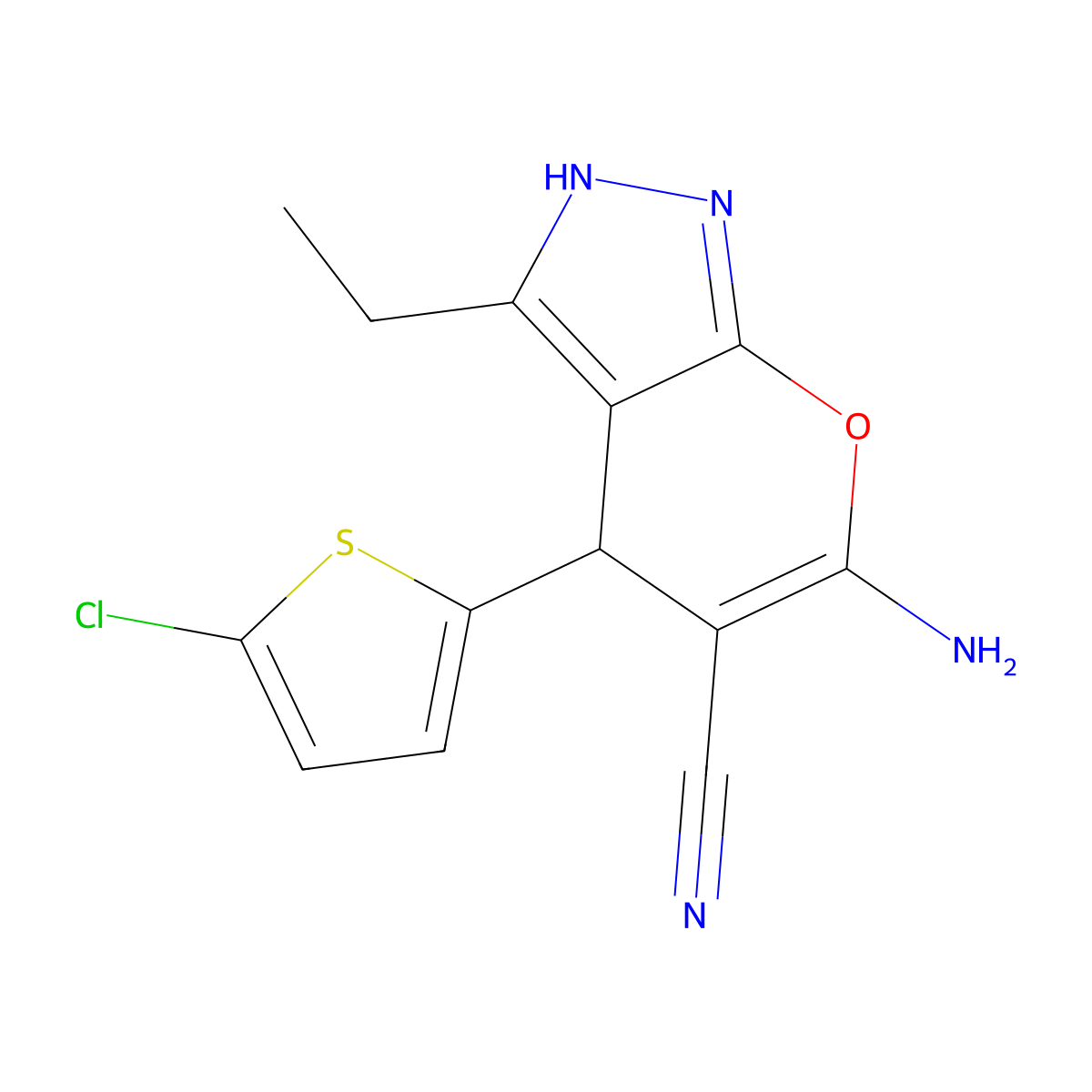 6-Amino-4-(5-chlorothiophen-2-yl)-3-ethyl-2,4-dihydropyrano[2,3-c]pyrazole-5-carbonitrile molecular structure, CAS 665000-28-2