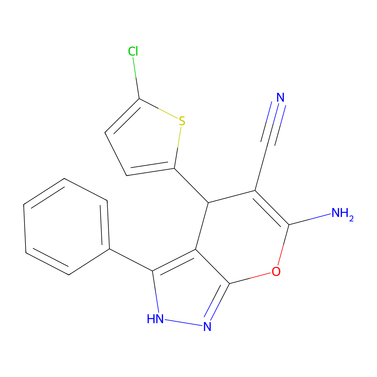6-Amino-4-(5-chlorothiophen-2-yl)-3-phenyl-2,4-dihydropyrano[2,3-c]pyrazole-5-carbonitrile molecular structure, CAS 665000-30-6