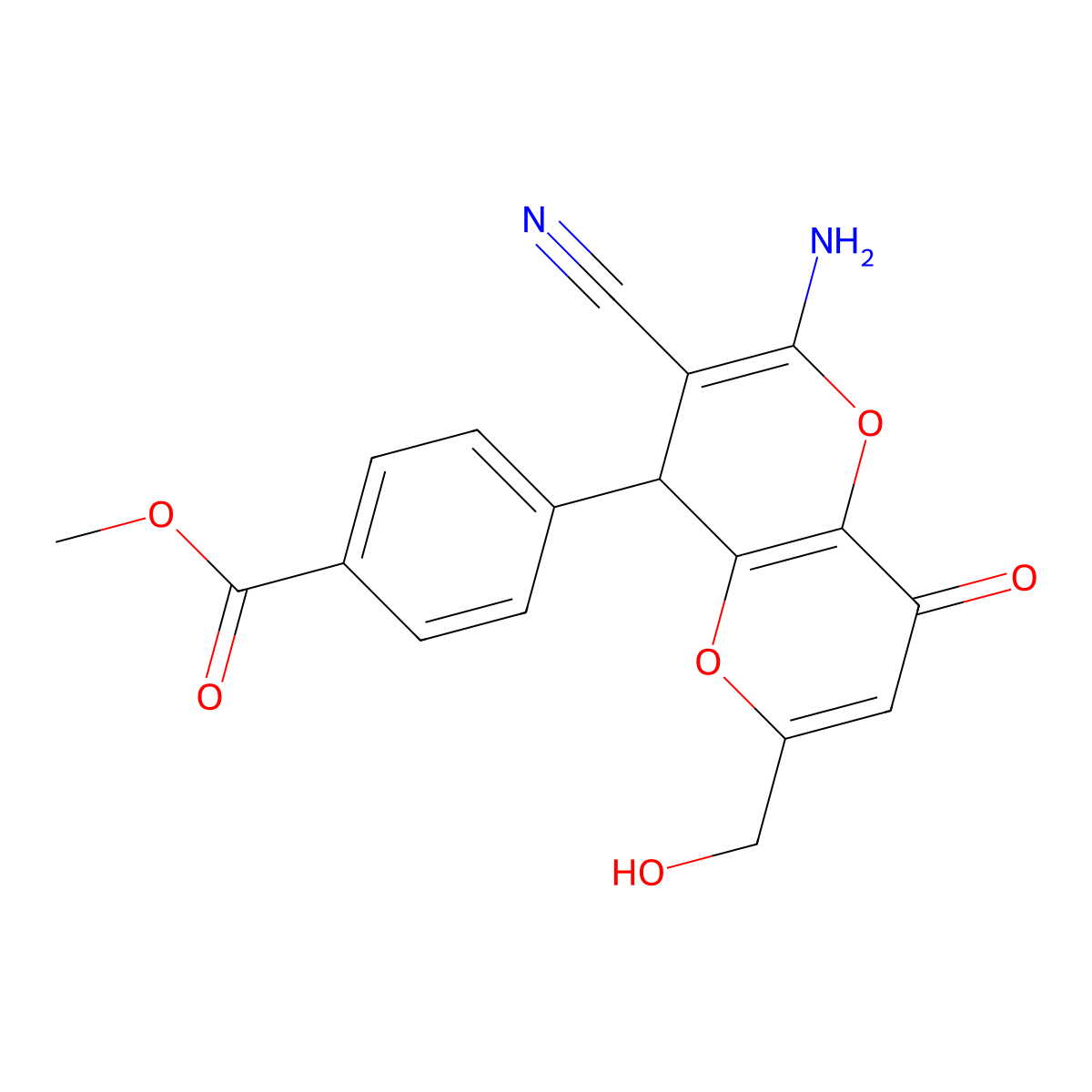 Methyl 4-[2-amino-3-cyano-6-(hydroxymethyl)-8-oxo-4,8-dihydropyrano[3,2-b]pyran-4-yl]benzoate molecular structure, CAS 665000-35-1