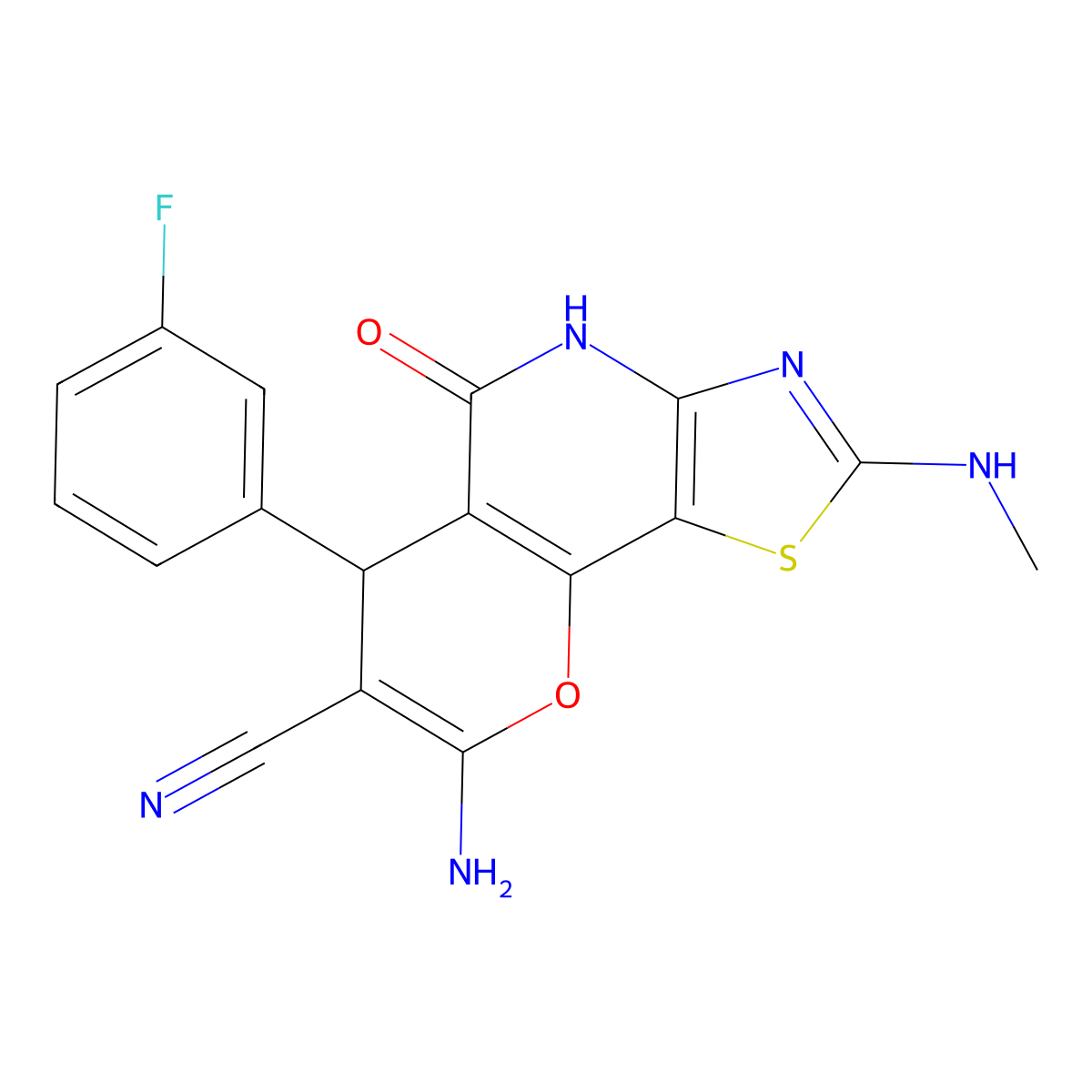 8-amino-6-(3-fluorophenyl)-2-(methylamino)-5-oxo-4,6-dihydro-5H-pyrano[2,3-d][1,3]thiazolo[4,5-b]pyridine-7-carbonitrile molecular structure, CAS 665000-42-0