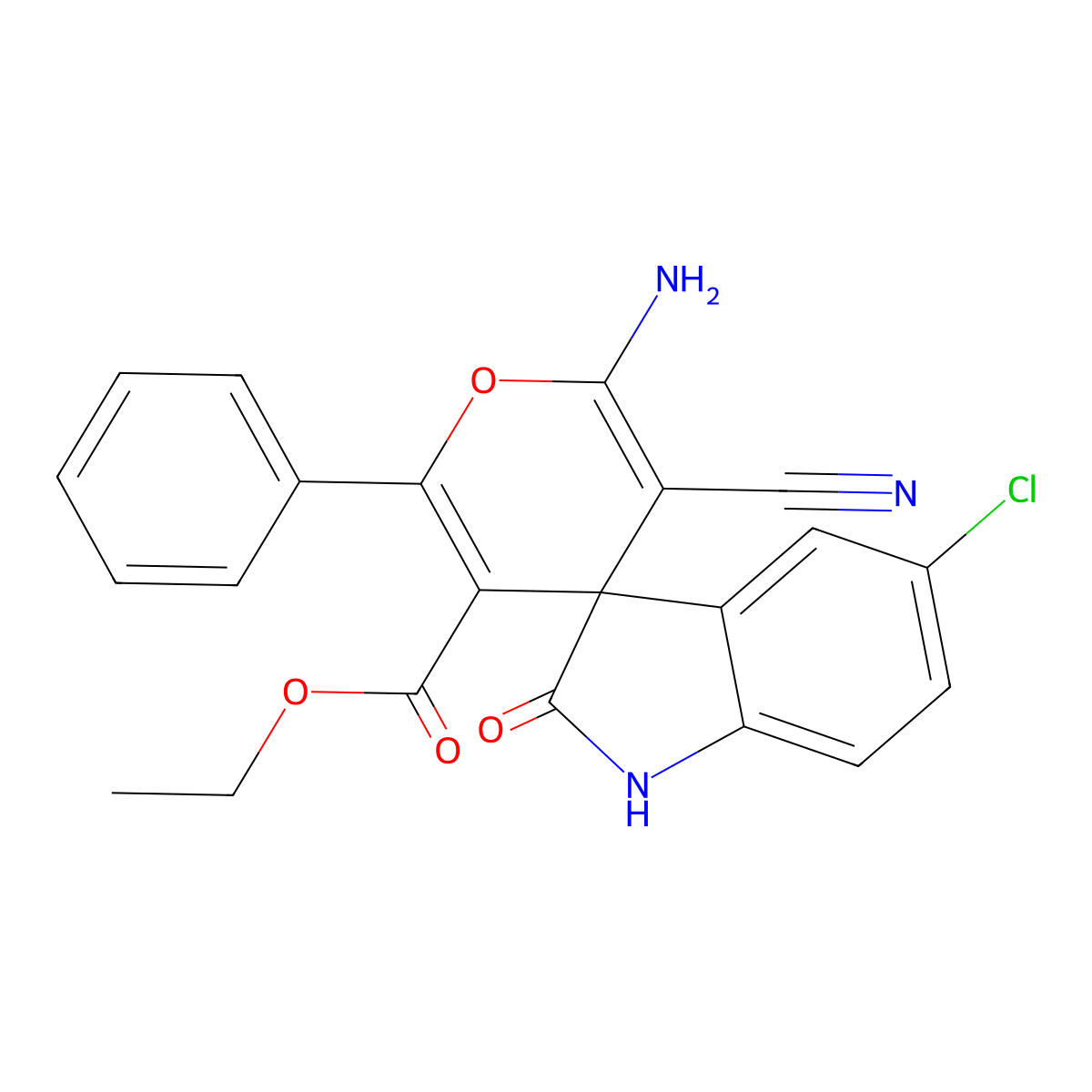 ethyl 6-amino-5-cyano-2-phenyl-4H-pyran-3-carboxylate-4-spiro-3'-(5'-chloro-1',3'-dihydro-2'H-indol-2'-one) molecular structure, CAS 665000-54-4