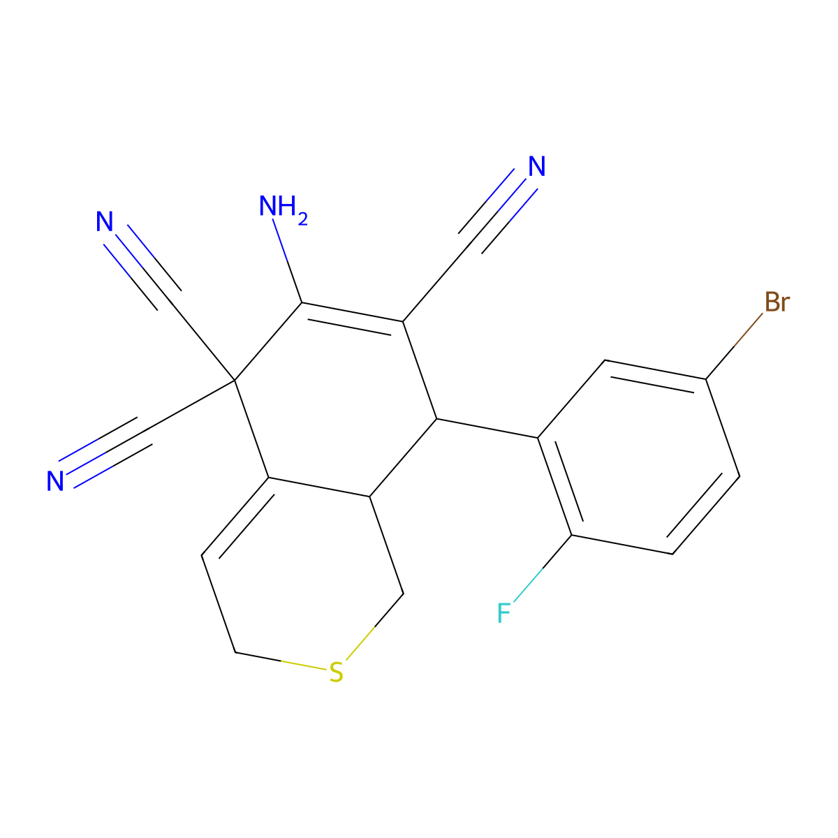 6-amino-8-(5-bromo-2-fluorophenyl)-8,8a-dihydro-1H-isothiochromene-5,5,7(3H)-tricarbonitrile molecular structure, CAS 665000-56-6
