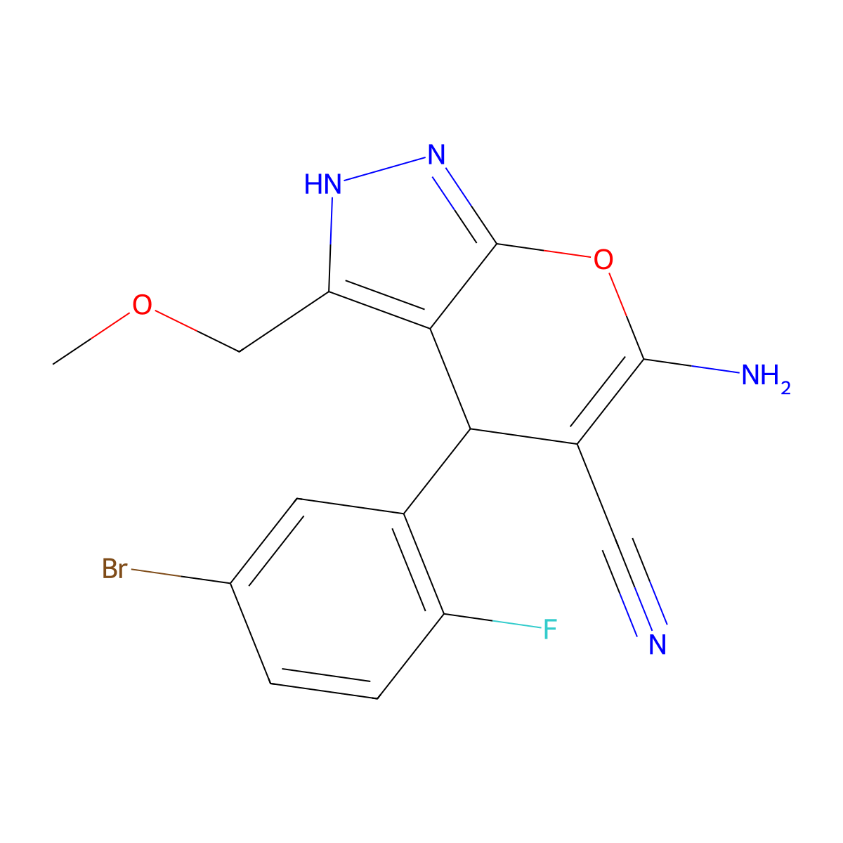 6-Amino-4-(5-bromo-2-fluorophenyl)-3-(methoxymethyl)-2,4-dihydropyrano[2,3-c]pyrazole-5-carbonitrile molecular structure, CAS 665000-60-2
