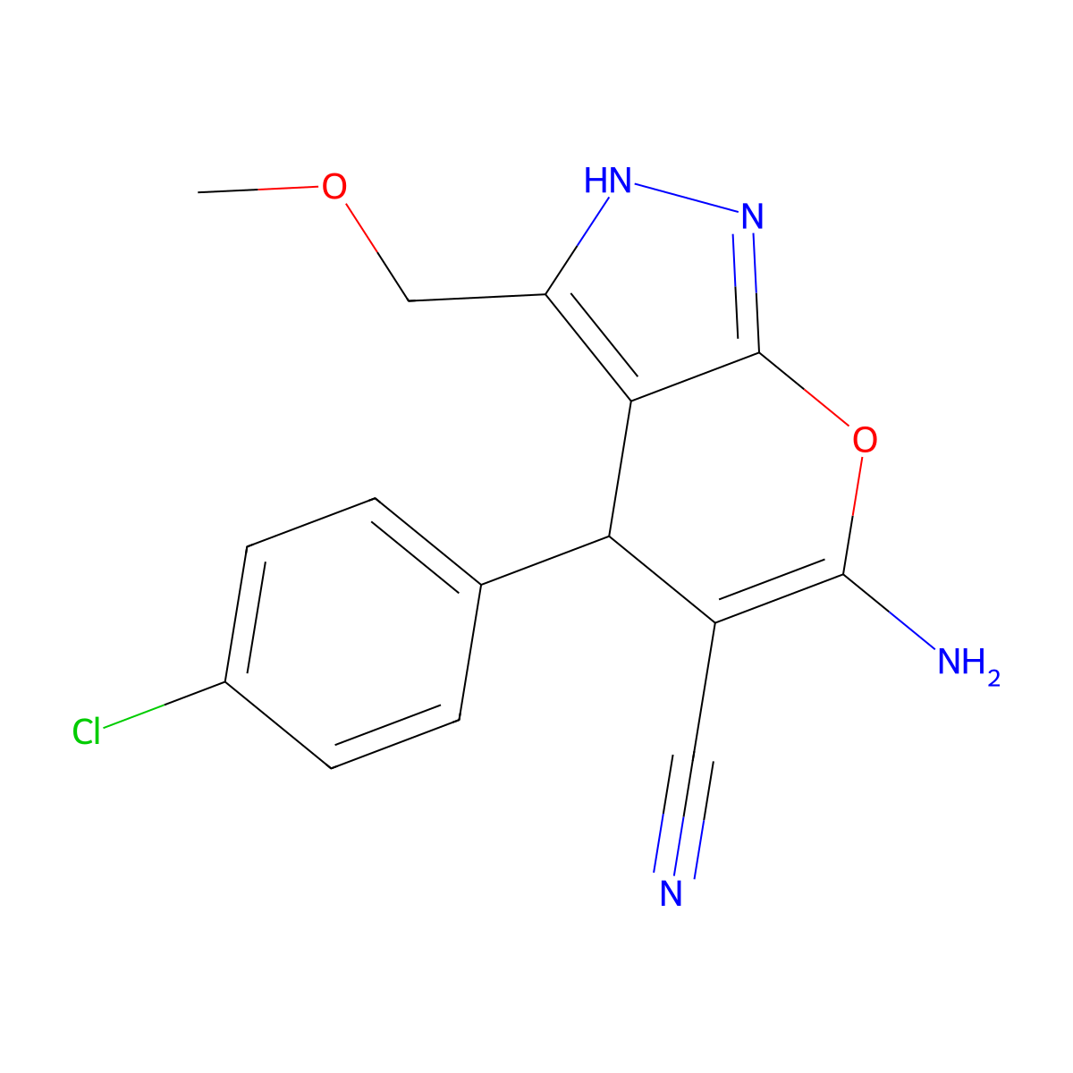 6-Amino-4-(4-chlorophenyl)-3-(methoxymethyl)-2,4-dihydropyrano[2,3-c]pyrazole-5-carbonitrile molecular structure, CAS 665000-63-5