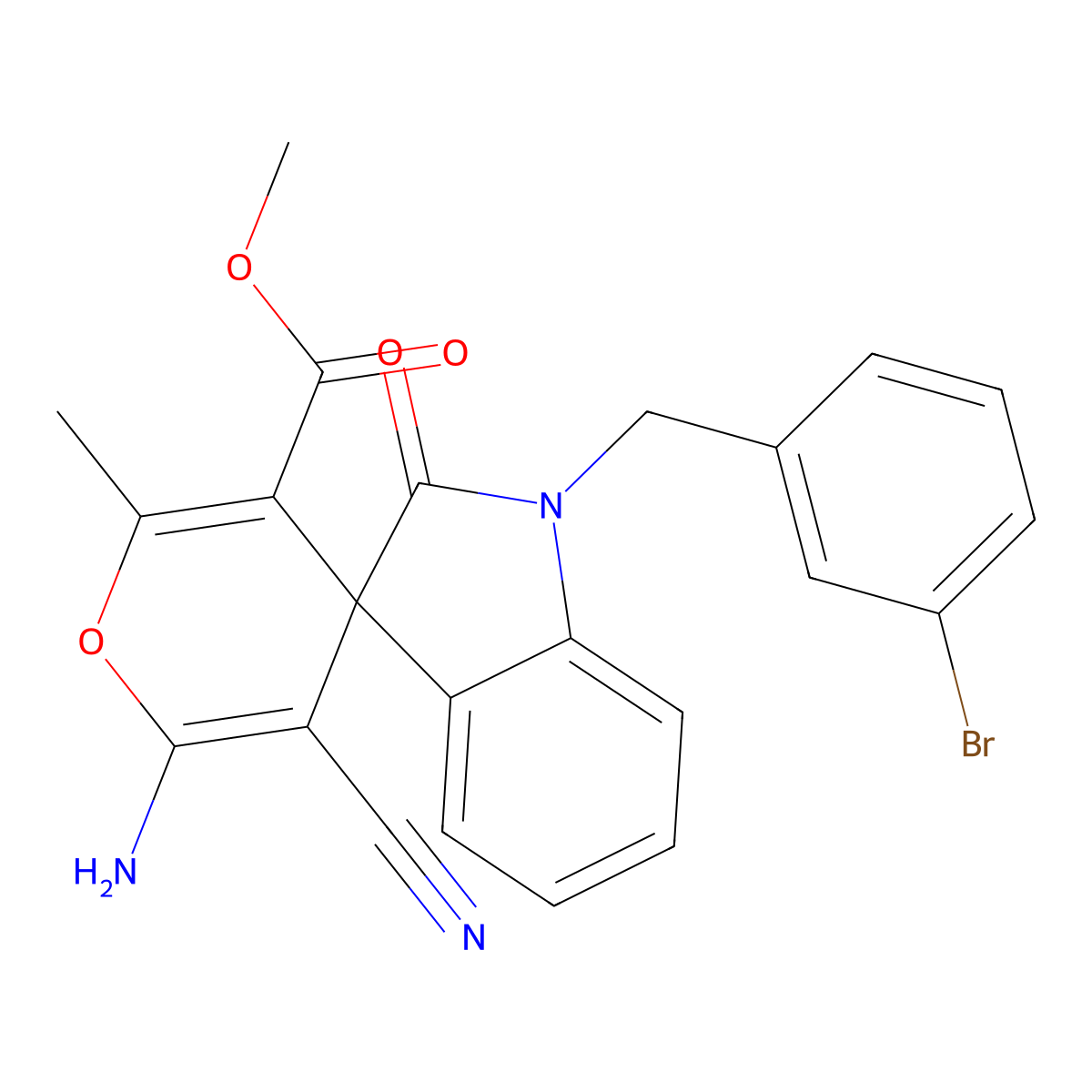 Methyl 6'-amino-1-[(3-bromophenyl)methyl]-5'-cyano-2'-methyl-2-oxospiro[indole-3,4'-pyran]-3'-carboxylate molecular structure, CAS 665000-64-6