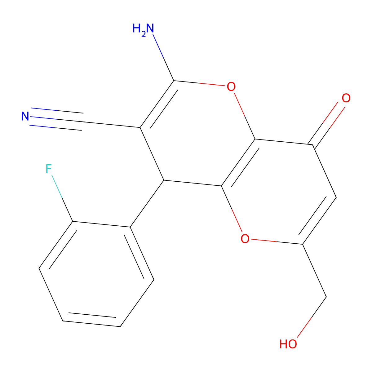 2-Amino-4-(2-fluorophenyl)-6-(hydroxymethyl)-8-oxo-4,8-dihydropyrano[3,2-b]pyran-3-carbonitrile molecular structure, CAS 665000-66-8