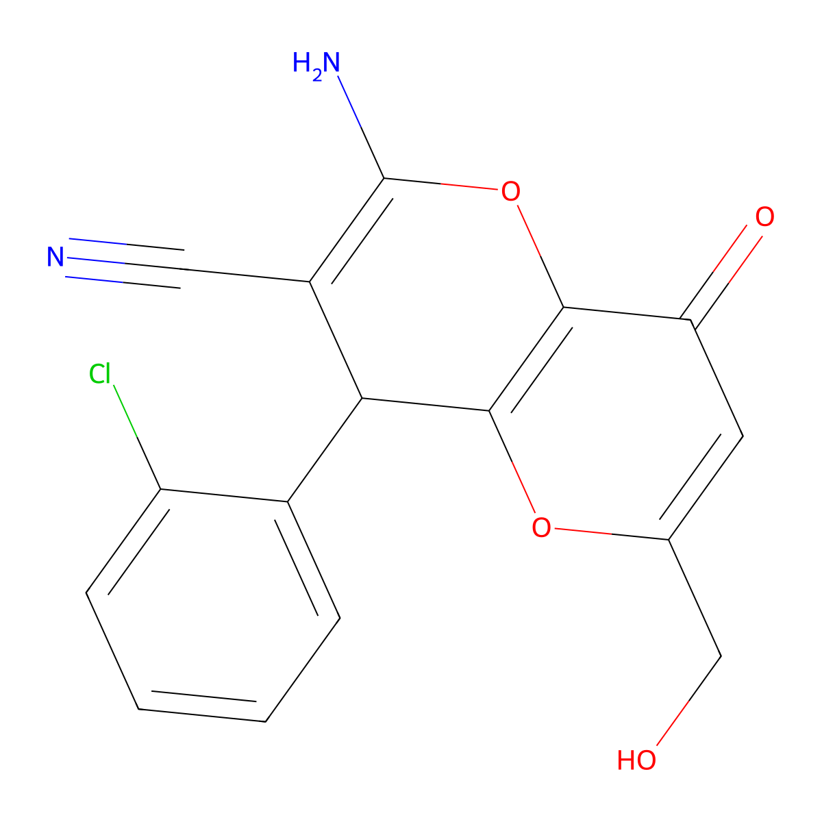 2-Amino-4-(2-chlorophenyl)-6-(hydroxymethyl)-8-oxo-4,8-dihydropyrano[3,2-b]pyran-3-carbonitrile molecular structure, CAS 665000-76-0