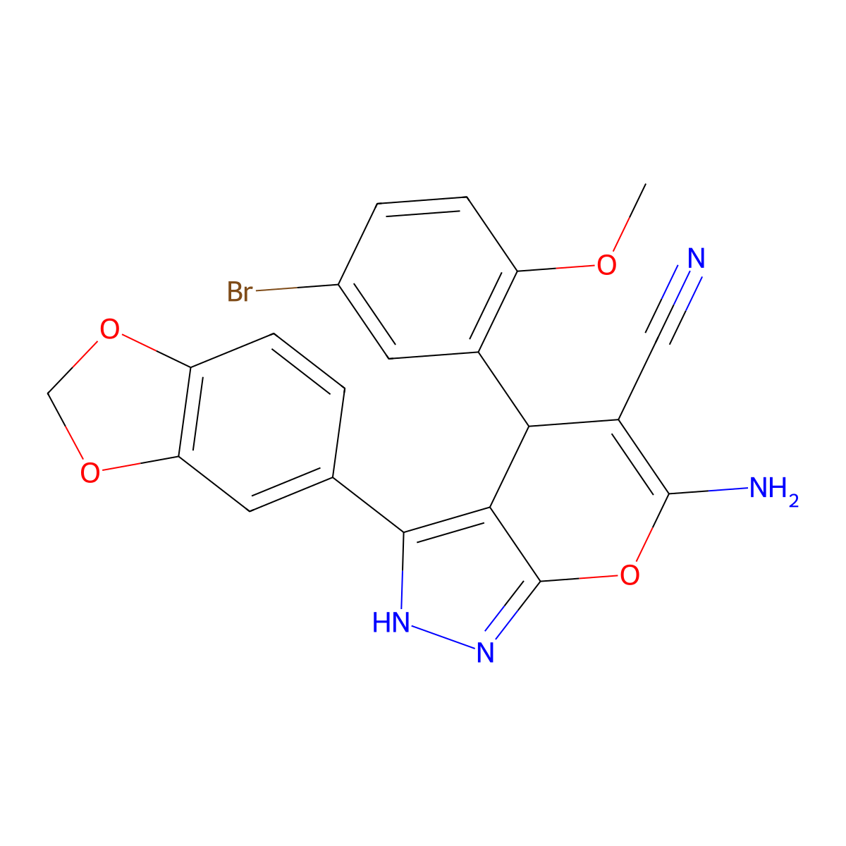 6-Amino-3-(1,3-benzodioxol-5-yl)-4-(5-bromo-2-methoxyphenyl)-2,4-dihydropyrano[2,3-c]pyrazole-5-carbonitrile molecular structure, CAS 665000-79-3