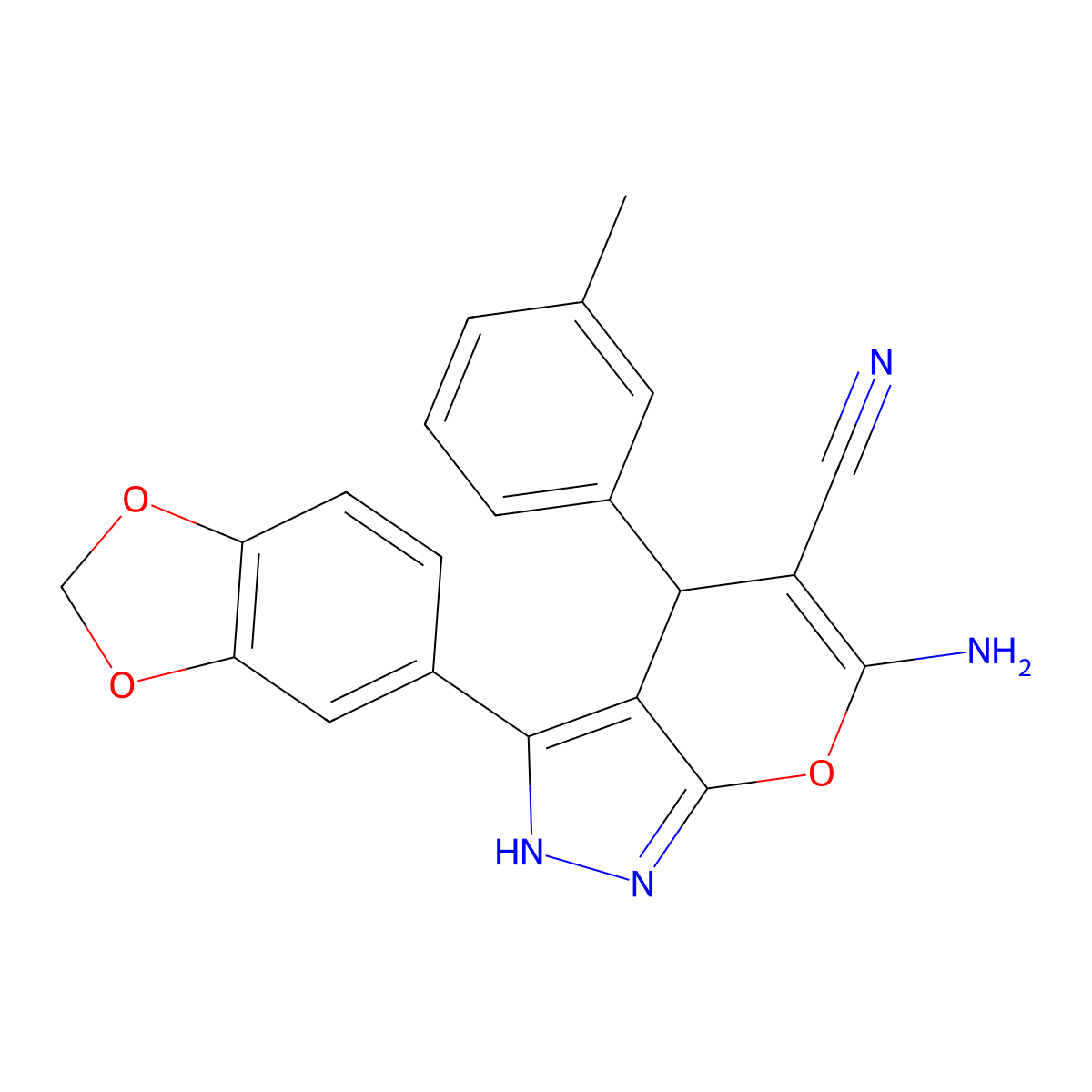 6-Amino-3-(1,3-benzodioxol-5-yl)-4-(3-methylphenyl)-2,4-dihydropyrano[2,3-c]pyrazole-5-carbonitrile molecular structure, CAS 665000-80-6
