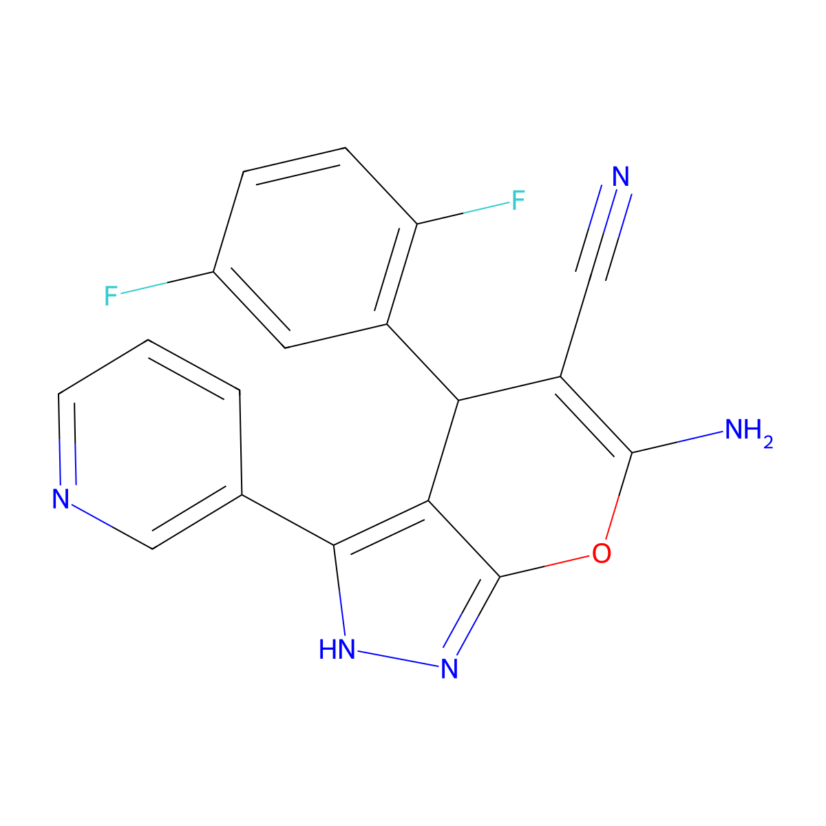6-Amino-4-(2,5-difluorophenyl)-3-pyridin-3-yl-2,4-dihydropyrano[2,3-c]pyrazole-5-carbonitrile molecular structure, CAS 665000-85-1