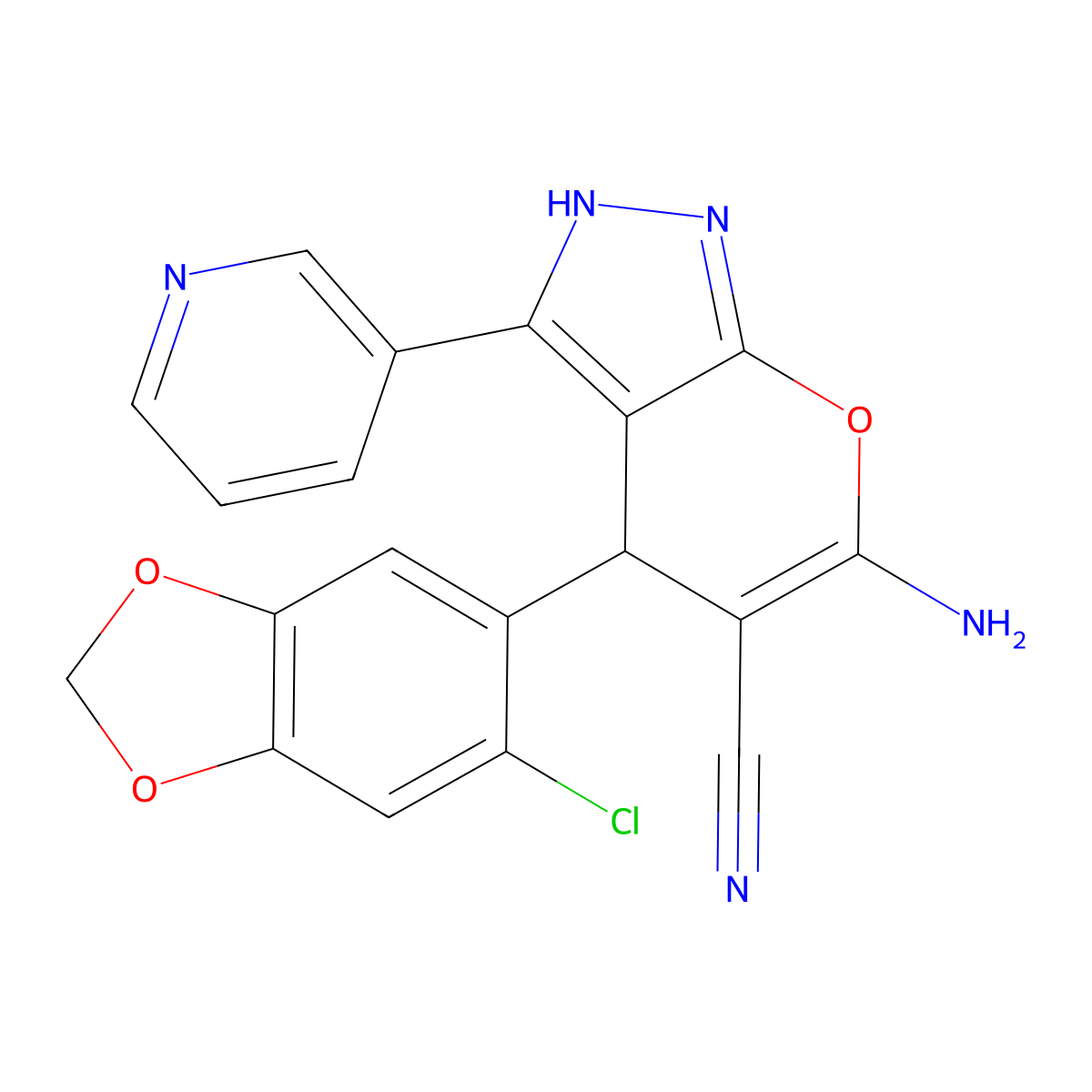 6-Amino-4-(6-chloro-1,3-benzodioxol-5-yl)-3-pyridin-3-yl-2,4-dihydropyrano[2,3-c]pyrazole-5-carbonitrile molecular structure, CAS 665000-86-2