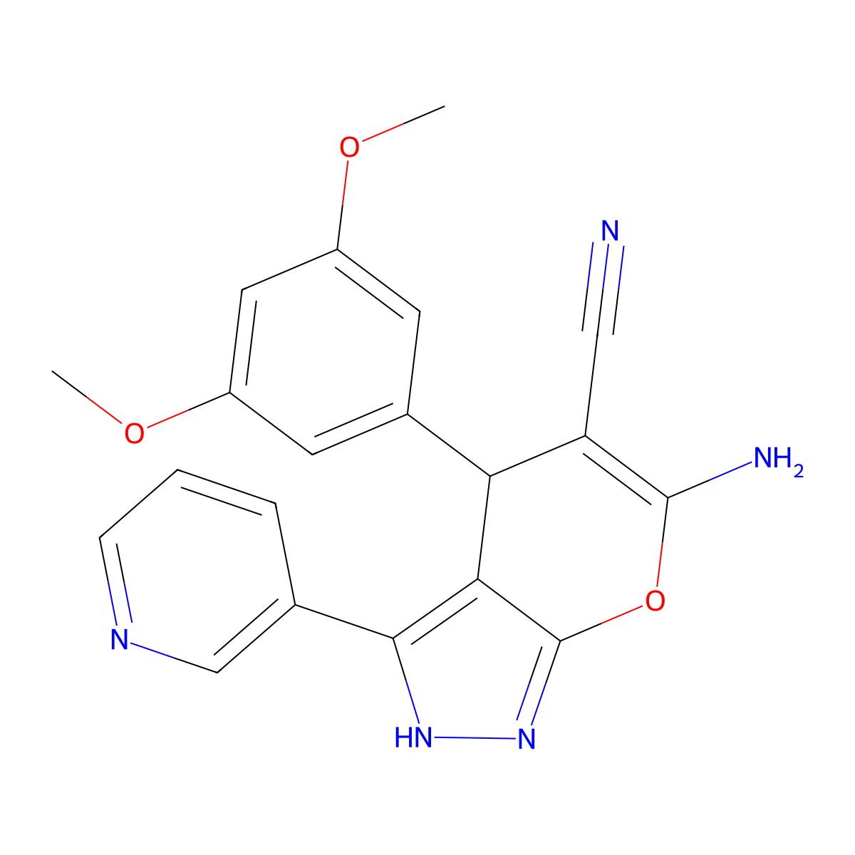 6-Amino-4-(3,5-dimethoxyphenyl)-3-(3-pyridinyl)-2,4-dihydropyrano[2,3-c]pyrazole-5-carbonitrile molecular structure, CAS 665000-87-3
