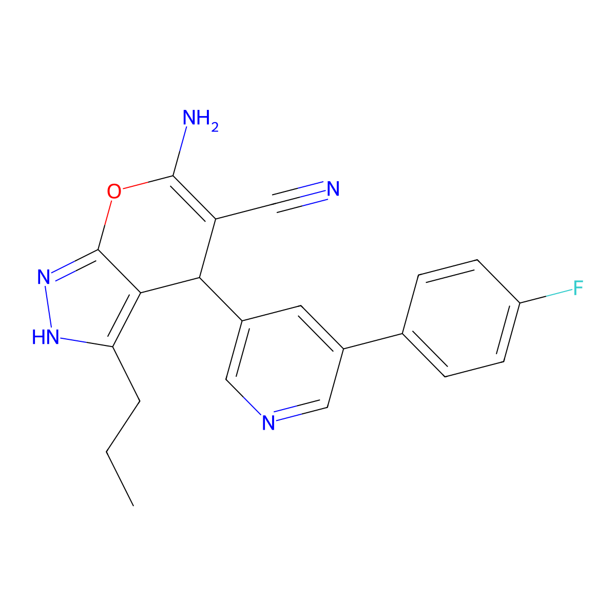 6-Amino-4-[5-(4-fluorophenyl)pyridin-3-yl]-3-propyl-2,4-dihydropyrano[2,3-c]pyrazole-5-carbonitrile molecular structure, CAS 665001-04-7