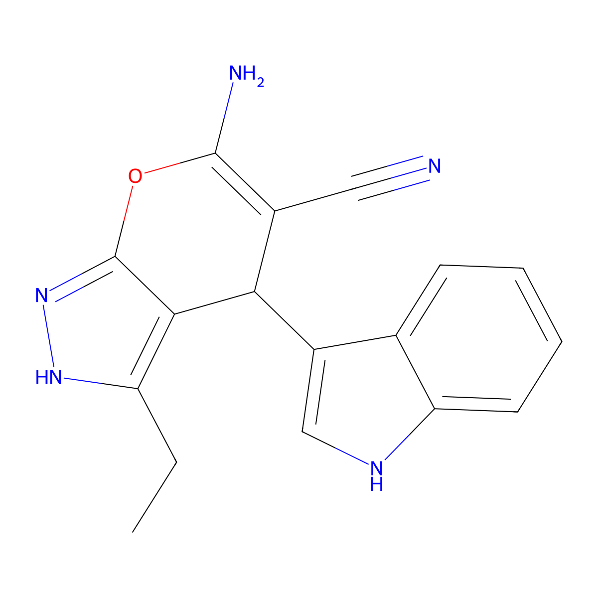 6-amino-3-ethyl-4-(1H-indol-3-yl)-2,4-dihydropyrano[2,3-c]pyrazole-5-carbonitrile molecular structure, CAS 665001-26-3