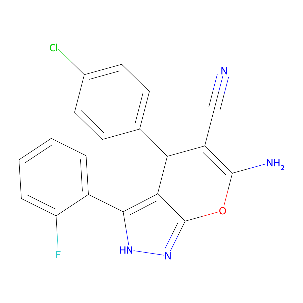 6-Amino-4-(4-chlorophenyl)-3-(2-fluorophenyl)-2,4-dihydropyrano[2,3-c]pyrazole-5-carbonitrile molecular structure, CAS 665001-31-0