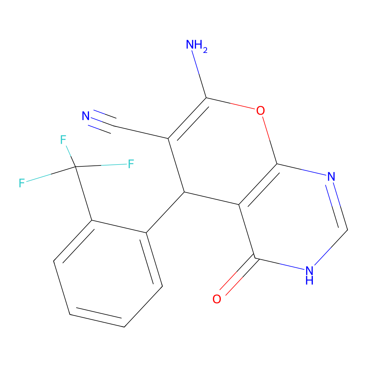 7-Amino-4-oxo-5-[2-(trifluoromethyl)phenyl]-3,5-dihydropyrano[2,3-d]pyrimidine-6-carbonitrile molecular structure, CAS 665001-33-2