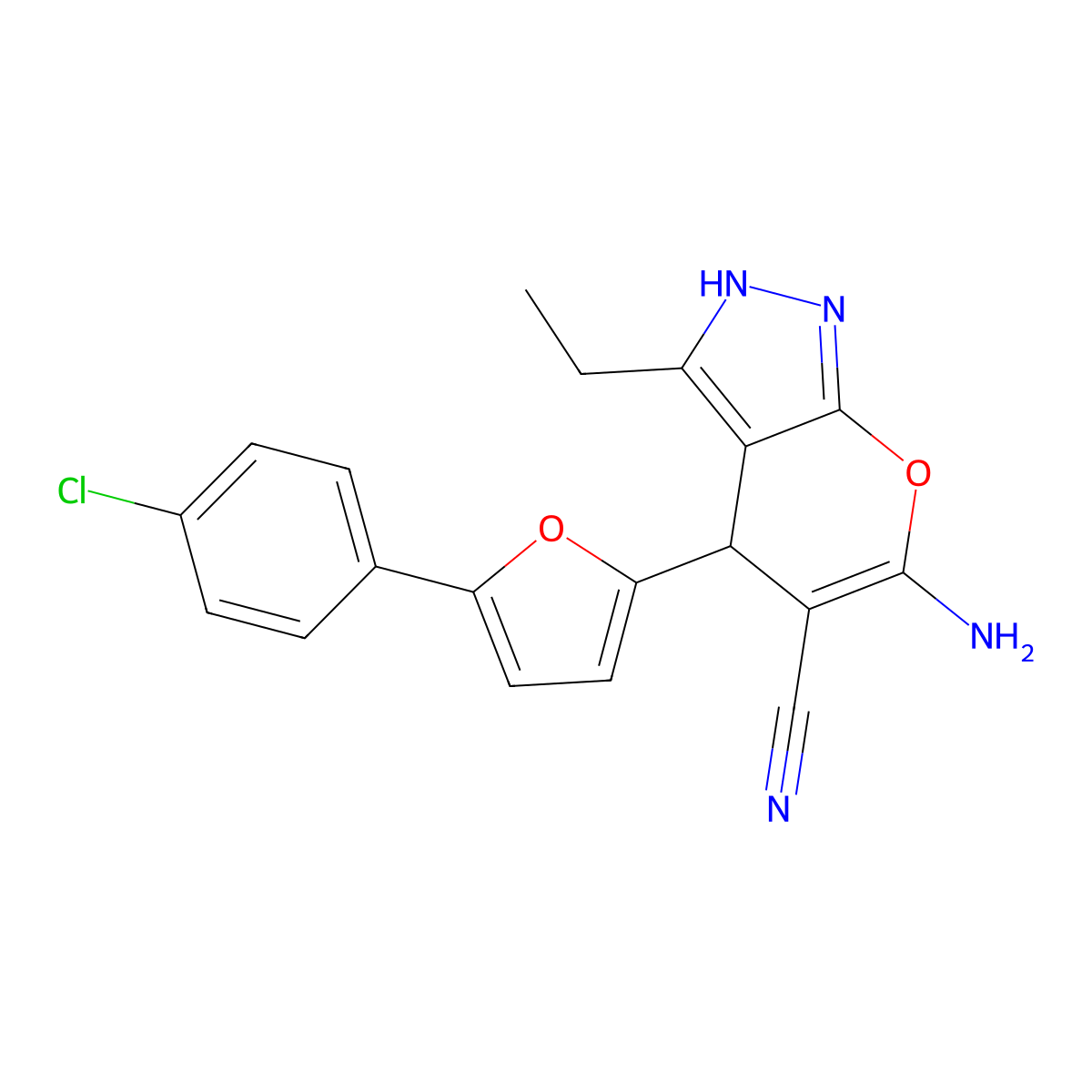 6-Amino-4-[5-(4-chlorophenyl)furan-2-yl]-3-ethyl-2,4-dihydropyrano[2,3-c]pyrazole-5-carbonitrile molecular structure, CAS 665001-45-6