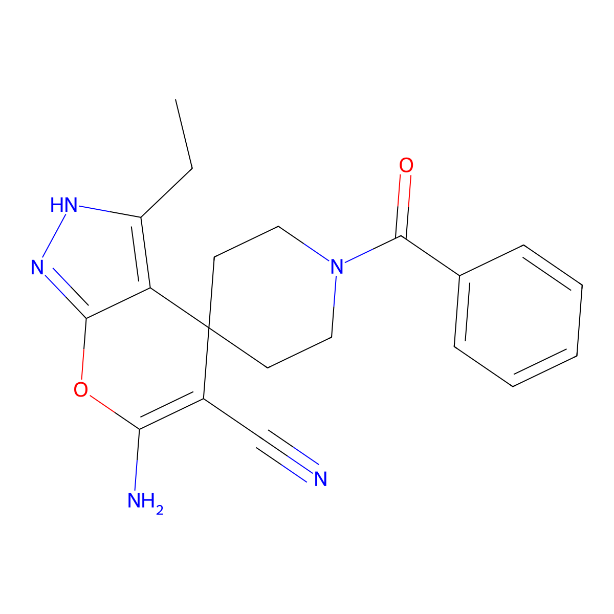 6-amino-1'-benzoyl-3-ethylspiro[2H-pyrano[2,3-c]pyrazole-4,4'-piperidine]-5-carbonitrile molecular structure, CAS 665001-47-8