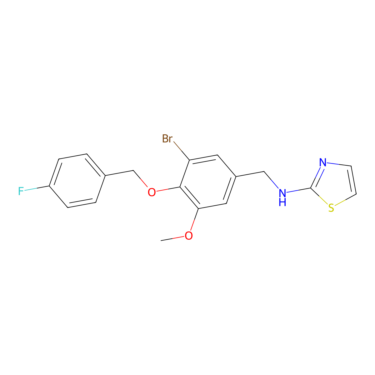 N-[[3-bromo-4-[(4-fluorophenyl)methoxy]-5-methoxyphenyl]methyl]-1,3-thiazol-2-amine molecular structure, CAS 665014-18-6