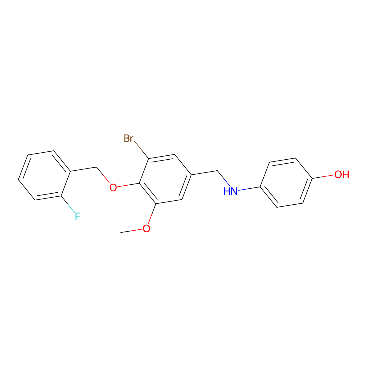 4-({3-Bromo-4-[(2-fluorobenzyl)oxy]-5-methoxybenzyl}amino)phenol molecular structure, CAS 665014-90-4