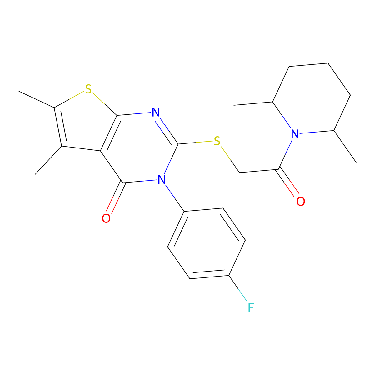 2-[2-(2,6-Dimethylpiperidin-1-yl)-2-oxoethyl]sulfanyl-3-(4-fluorophenyl)-5,6-dimethylthieno[2,3-d]pyrimidin-4-one molecular structure, CAS 665015-91-8