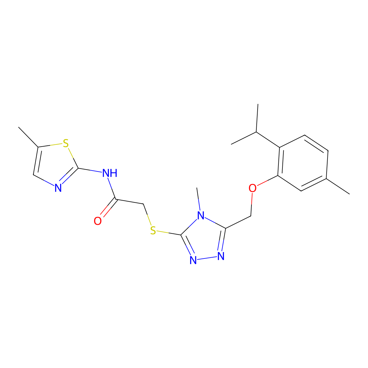 2-[[4-methyl-5-[(5-methyl-2-propan-2-ylphenoxy)methyl]-1,2,4-triazol-3-yl]sulfanyl]-N-(5-methyl-1,3-thiazol-2-yl)acetamide molecular structure, CAS 665016-35-3