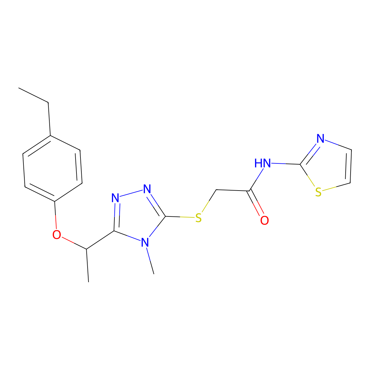 2-({5-[1-(4-ethylphenoxy)ethyl]-4-methyl-4H-1,2,4-triazol-3-yl}sulfanyl)-N-(1,3-thiazol-2-yl)acetamide molecular structure, CAS 665016-40-0