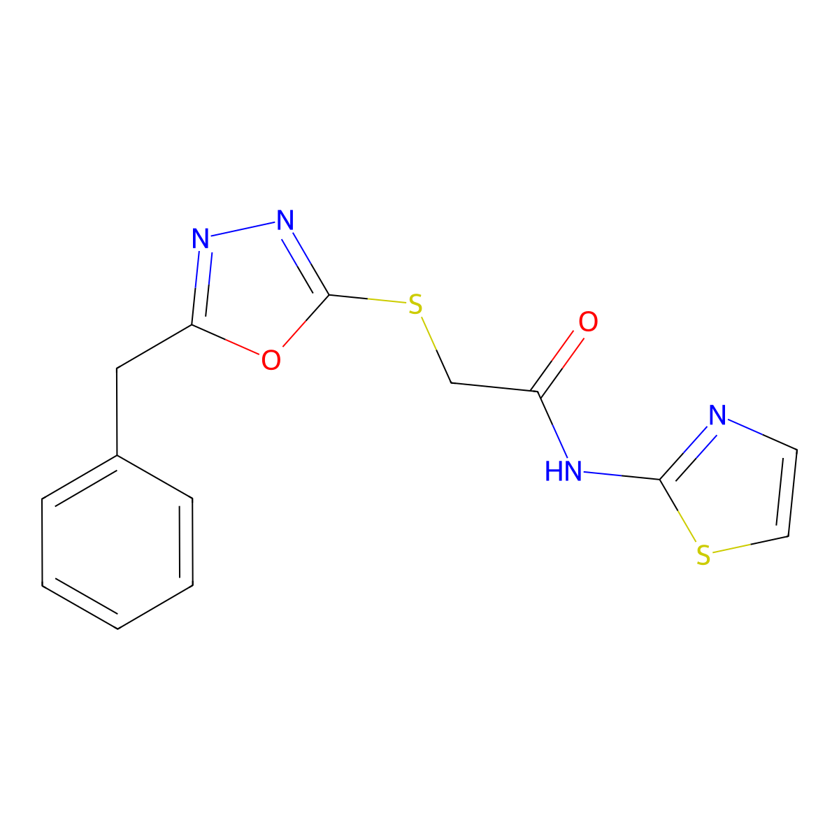 2-((5-benzyl-1,3,4-oxadiazol-2-yl)thio)-N-(thiazol-2-yl)acetamide molecular structure, CAS 665016-66-0