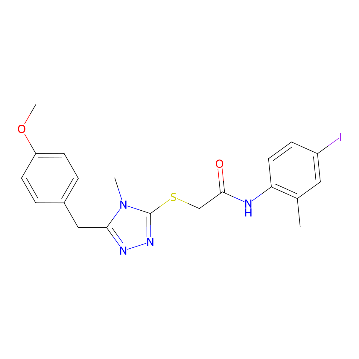 N-(4-iodo-2-methylphenyl)-2-{[5-(4-methoxybenzyl)-4-methyl-4H-1,2,4-triazol-3-yl]sulfanyl}acetamide molecular structure, CAS 665016-79-5