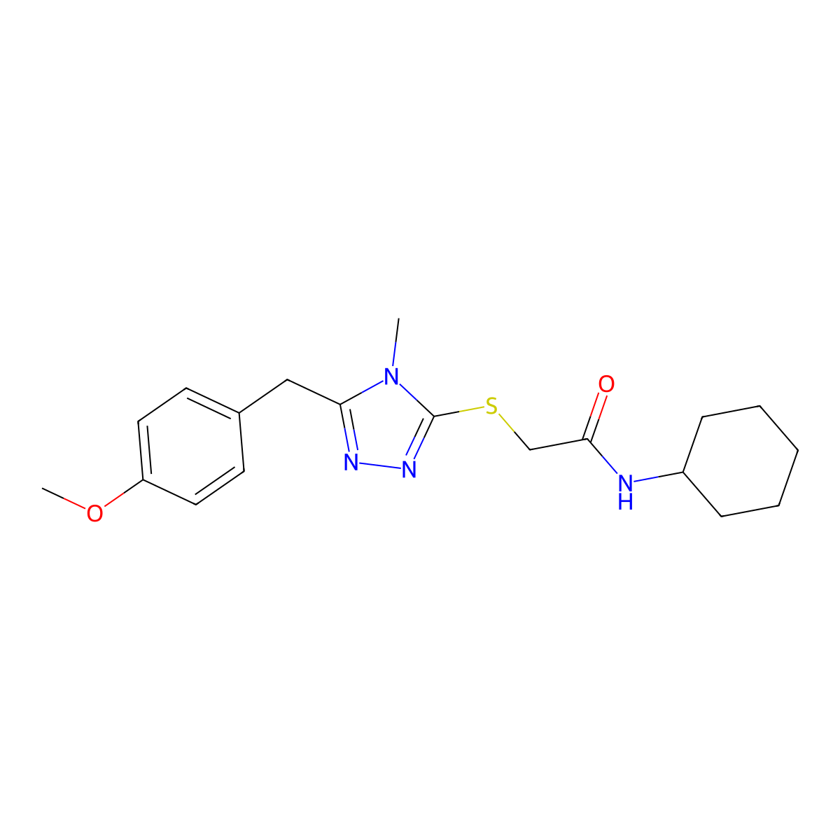 N-cyclohexyl-2-[[5-[(4-methoxyphenyl)methyl]-4-methyl-1,2,4-triazol-3-yl]thio]acetamide molecular structure, CAS 665016-81-9