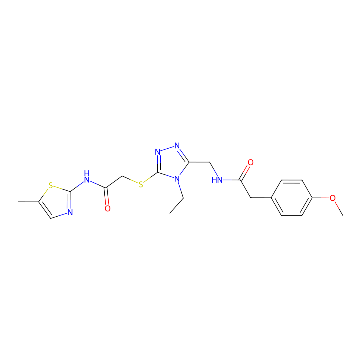 2-{[4-ethyl-5-({[(4-methoxyphenyl)acetyl]amino}methyl)-4H-1,2,4-triazol-3-yl]sulfanyl}-N-(5-methyl-1,3-thiazol-2-yl)acetamide molecular structure, CAS 665016-98-8