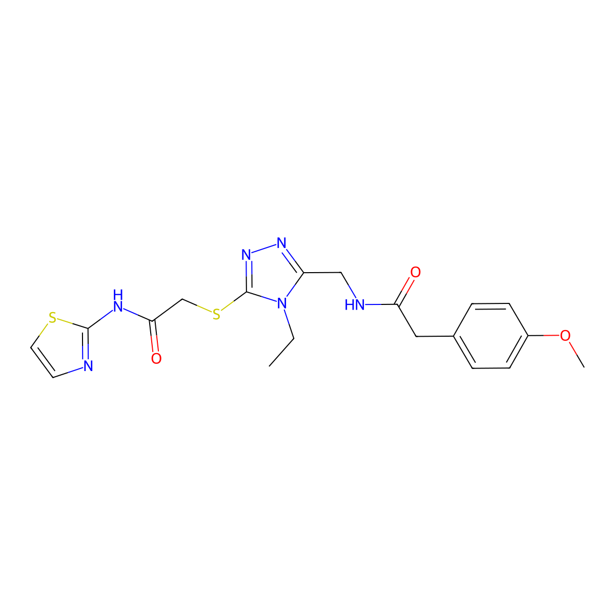 2-{[4-ethyl-5-({[(4-methoxyphenyl)acetyl]amino}methyl)-4H-1,2,4-triazol-3-yl]sulfanyl}-N-(1,3-thiazol-2-yl)acetamide molecular structure, CAS 665016-99-9