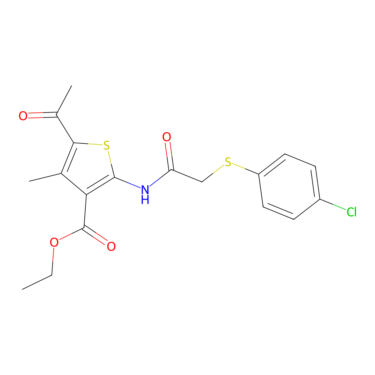 Ethyl 5-acetyl-2-({[(4-chlorophenyl)sulfanyl]acetyl}amino)-4-methyl-3-thiophenecarboxylate molecular structure, CAS 665017-12-9