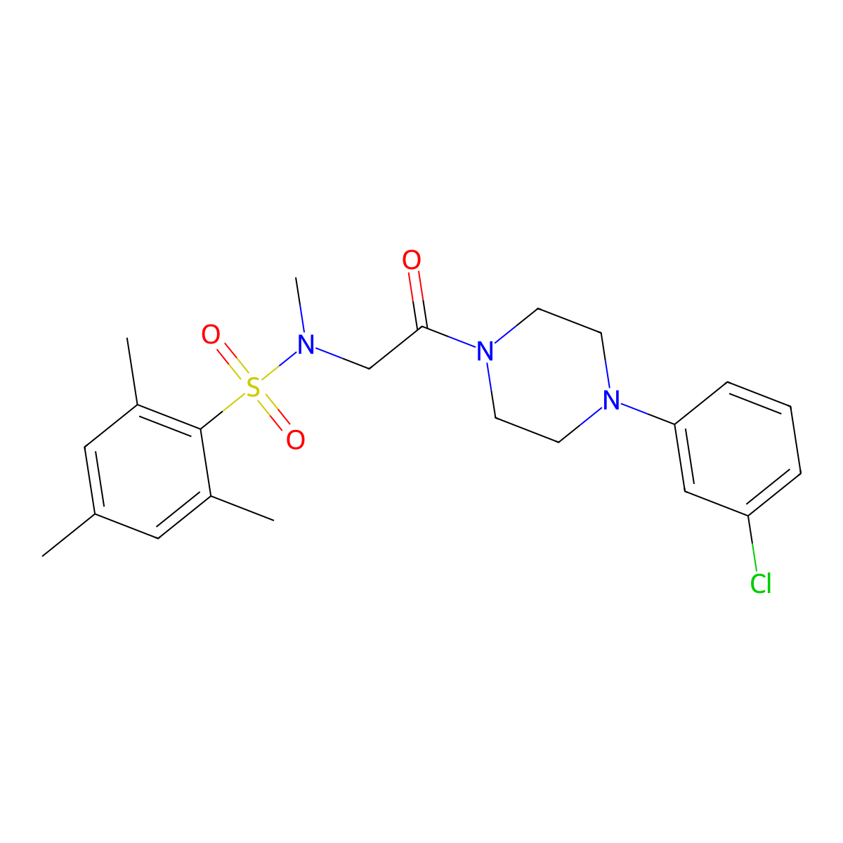 N-[2-[4-(3-chlorophenyl)piperazin-1-yl]-2-oxoethyl]-N,2,4,6-tetramethylbenzenesulfonamide molecular structure, CAS 665017-59-4